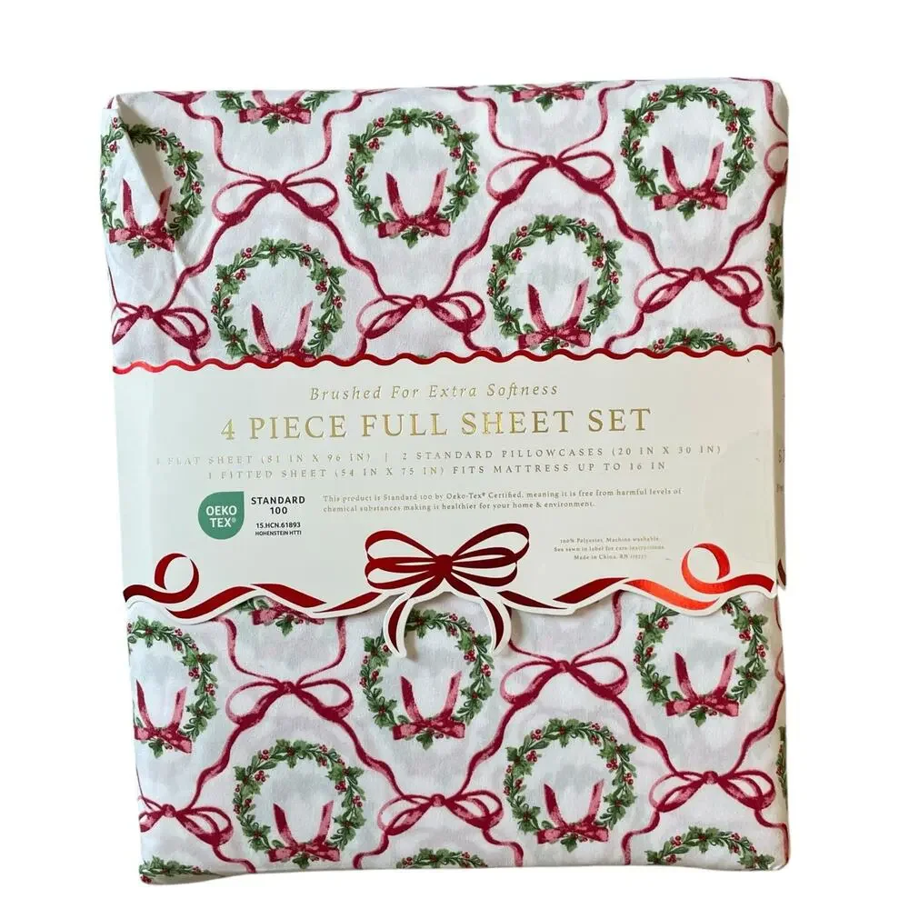 Envogue FULL 4pc Sheet Set Holiday Bows & Wreath Holiday Bedding Green Red NEW